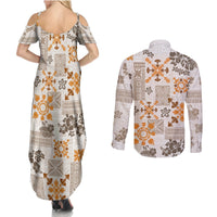 Hawaii Tapa Tribal Couples Matching Summer Maxi Dress and Long Sleeve Button Shirt With Hawaiian Quilt Pattern Gold LT9 - Wonder Print Shop