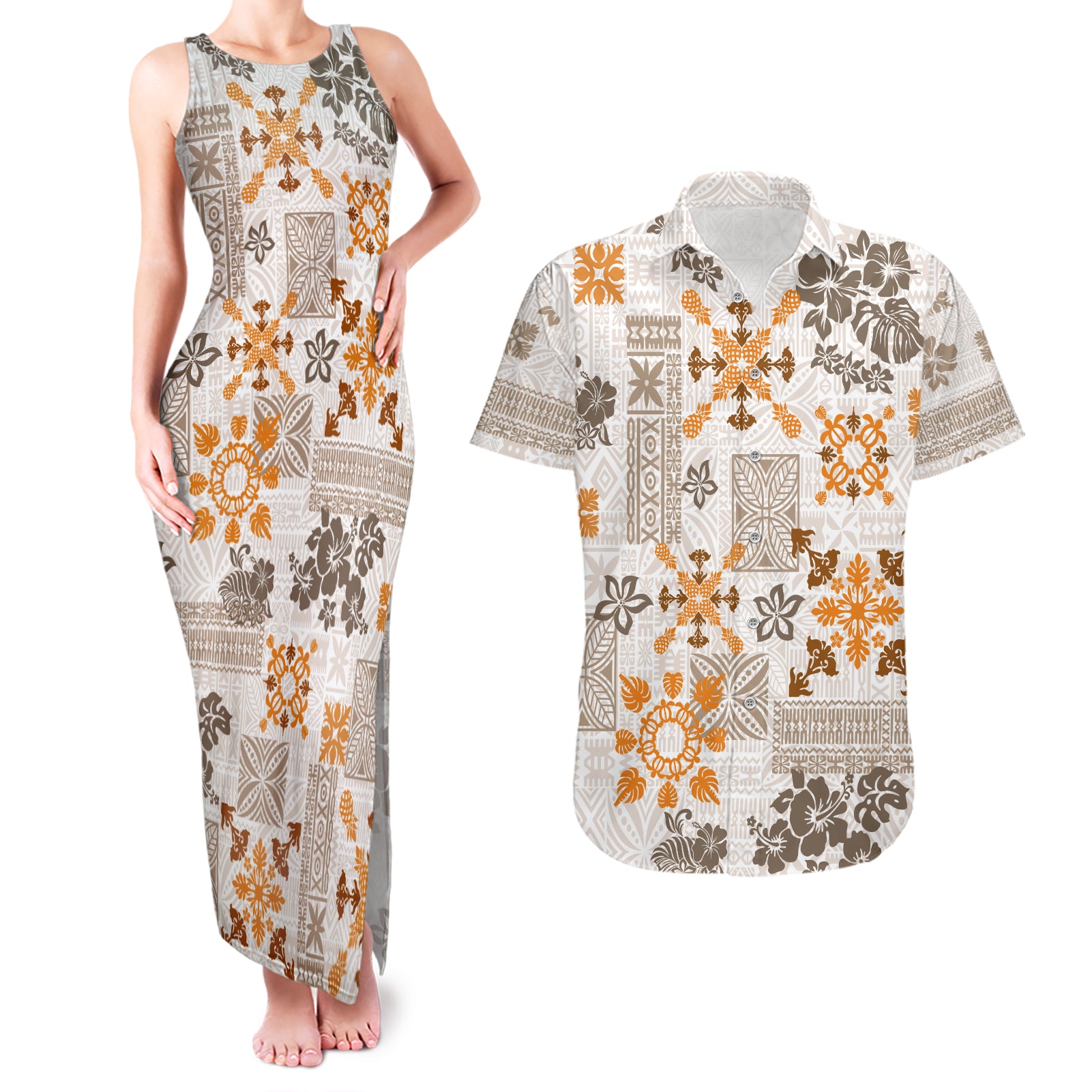 Hawaii Tapa Tribal Couples Matching Tank Maxi Dress and Hawaiian Shirt With Hawaiian Quilt Pattern Gold LT9 - Wonder Print Shop