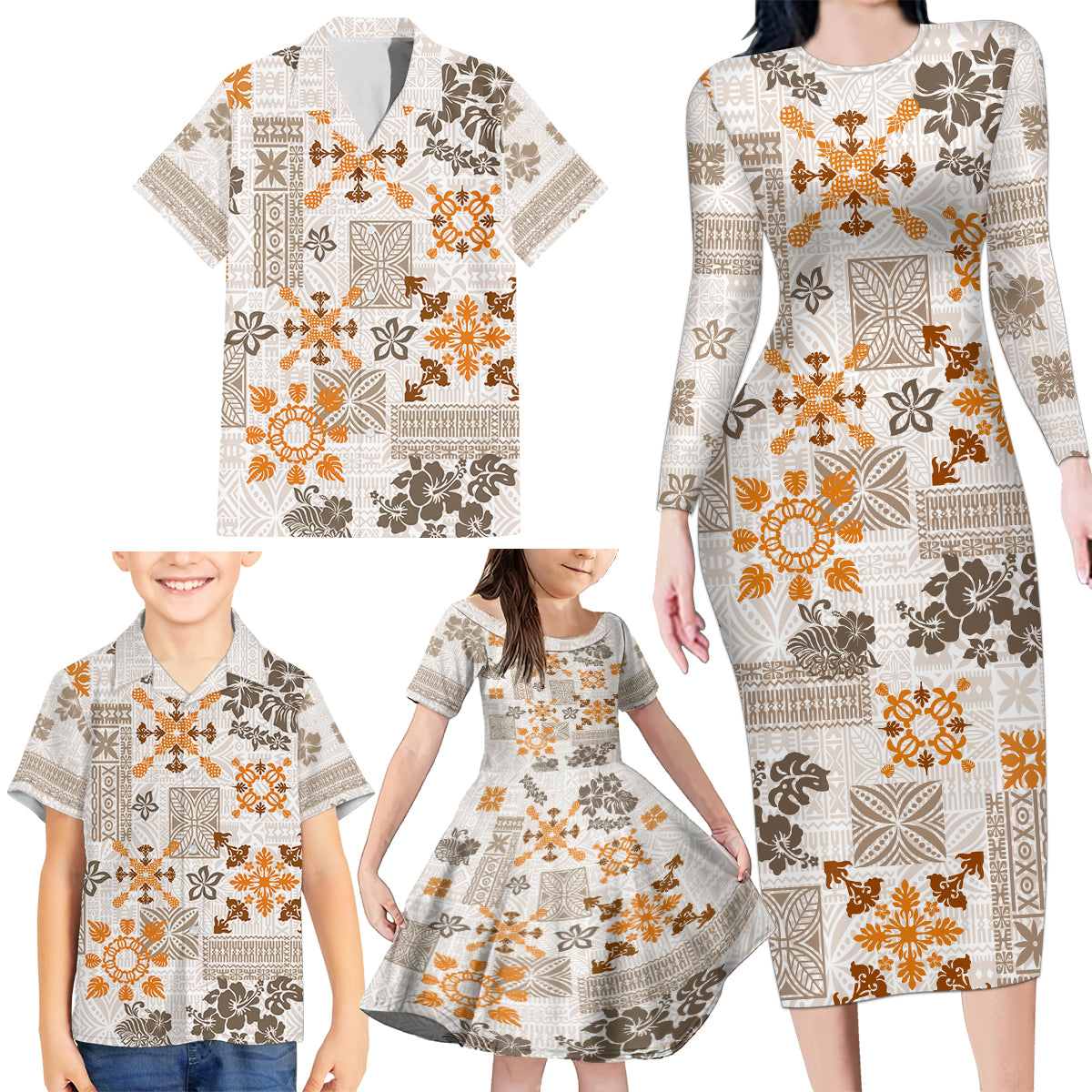 Hawaii Tapa Tribal Family Matching Long Sleeve Bodycon Dress and Hawaiian Shirt With Hawaiian Quilt Pattern Gold LT9 - Wonder Print Shop
