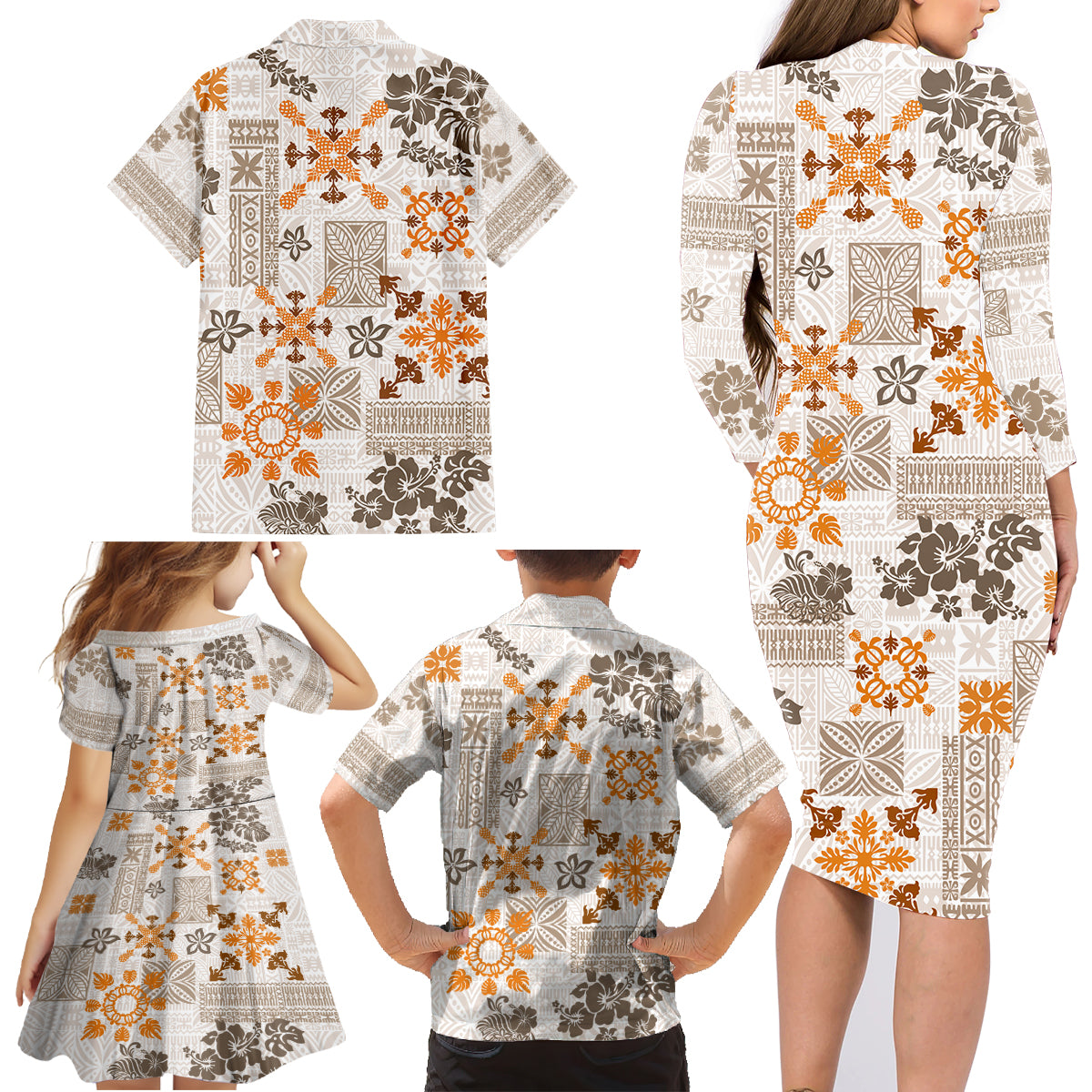 Hawaii Tapa Tribal Family Matching Long Sleeve Bodycon Dress and Hawaiian Shirt With Hawaiian Quilt Pattern Gold LT9 - Wonder Print Shop