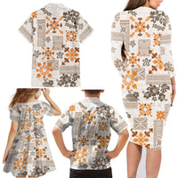 Hawaii Tapa Tribal Family Matching Long Sleeve Bodycon Dress and Hawaiian Shirt With Hawaiian Quilt Pattern Gold LT9 - Wonder Print Shop