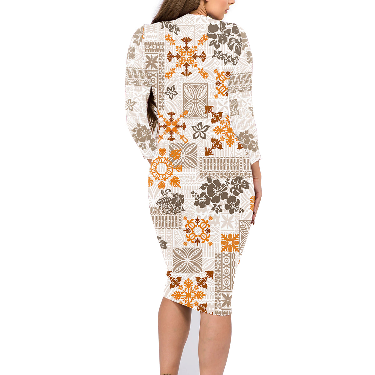 Hawaii Tapa Tribal Family Matching Long Sleeve Bodycon Dress and Hawaiian Shirt With Hawaiian Quilt Pattern Gold LT9 - Wonder Print Shop