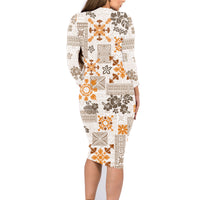 Hawaii Tapa Tribal Family Matching Long Sleeve Bodycon Dress and Hawaiian Shirt With Hawaiian Quilt Pattern Gold LT9 - Wonder Print Shop