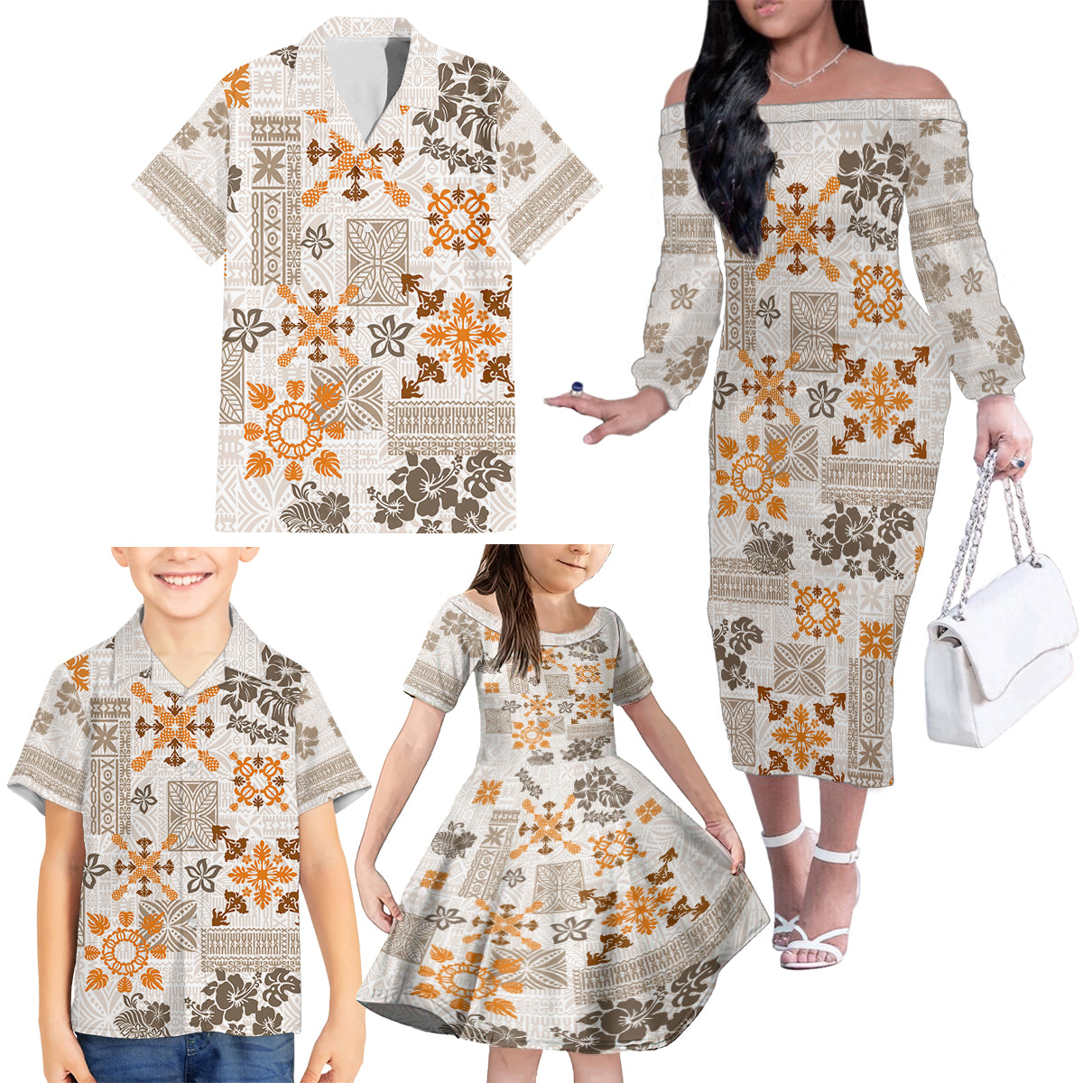 Hawaii Tapa Tribal Family Matching Off Shoulder Long Sleeve Dress and Hawaiian Shirt With Hawaiian Quilt Pattern Gold - Wonder Print Shop