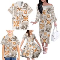 Hawaii Tapa Tribal Family Matching Off Shoulder Long Sleeve Dress and Hawaiian Shirt With Hawaiian Quilt Pattern Gold - Wonder Print Shop