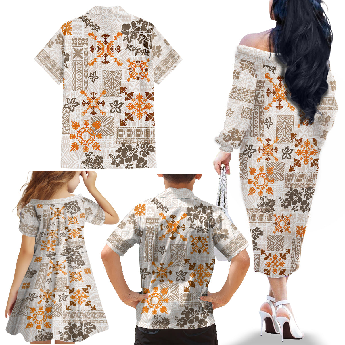 Hawaii Tapa Tribal Family Matching Off Shoulder Long Sleeve Dress and Hawaiian Shirt With Hawaiian Quilt Pattern Gold - Wonder Print Shop