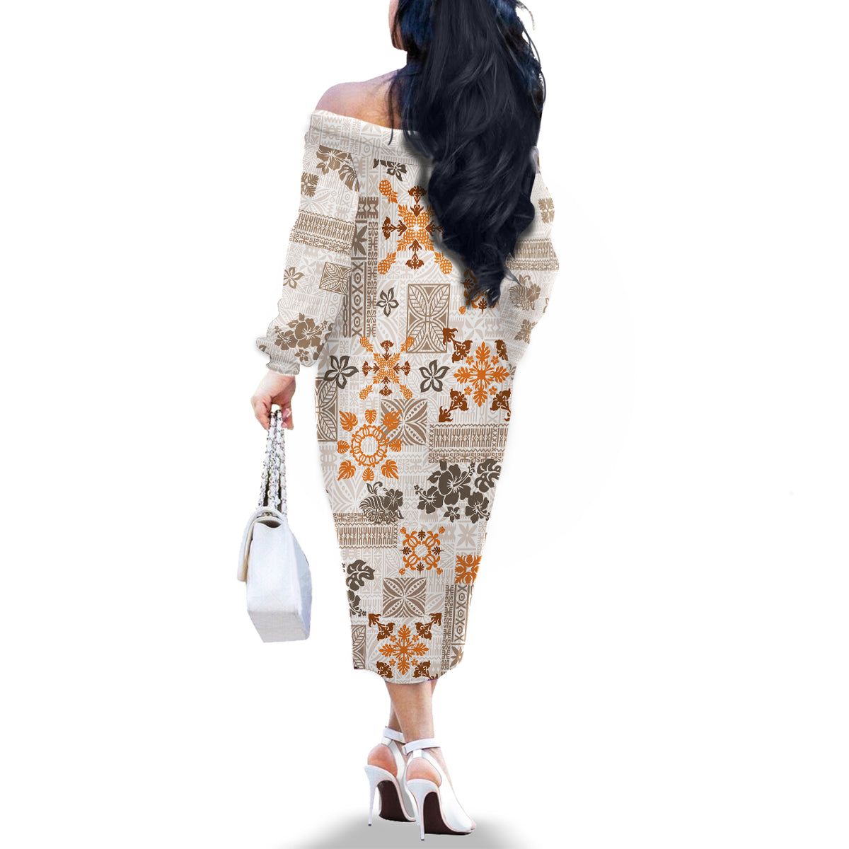 Hawaii Tapa Tribal Family Matching Off Shoulder Long Sleeve Dress and Hawaiian Shirt With Hawaiian Quilt Pattern Gold - Wonder Print Shop