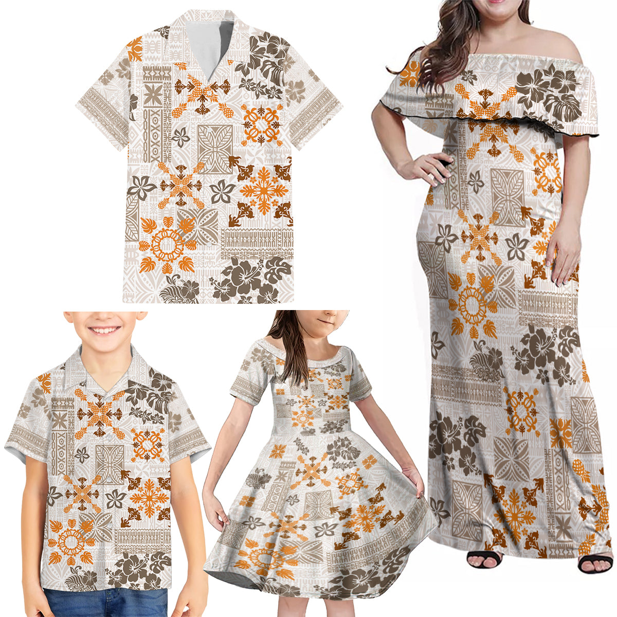 Hawaii Tapa Tribal Family Matching Off Shoulder Maxi Dress and Hawaiian Shirt With Hawaiian Quilt Pattern Gold LT9 - Wonder Print Shop