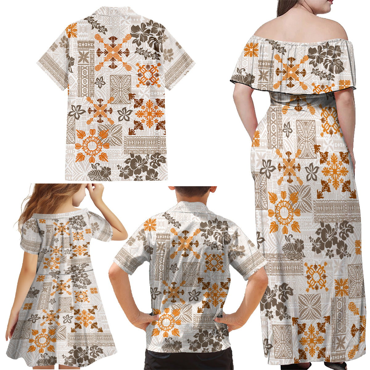Hawaii Tapa Tribal Family Matching Off Shoulder Maxi Dress and Hawaiian Shirt With Hawaiian Quilt Pattern Gold LT9 - Wonder Print Shop