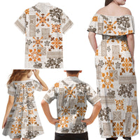 Hawaii Tapa Tribal Family Matching Off Shoulder Maxi Dress and Hawaiian Shirt With Hawaiian Quilt Pattern Gold LT9 - Wonder Print Shop