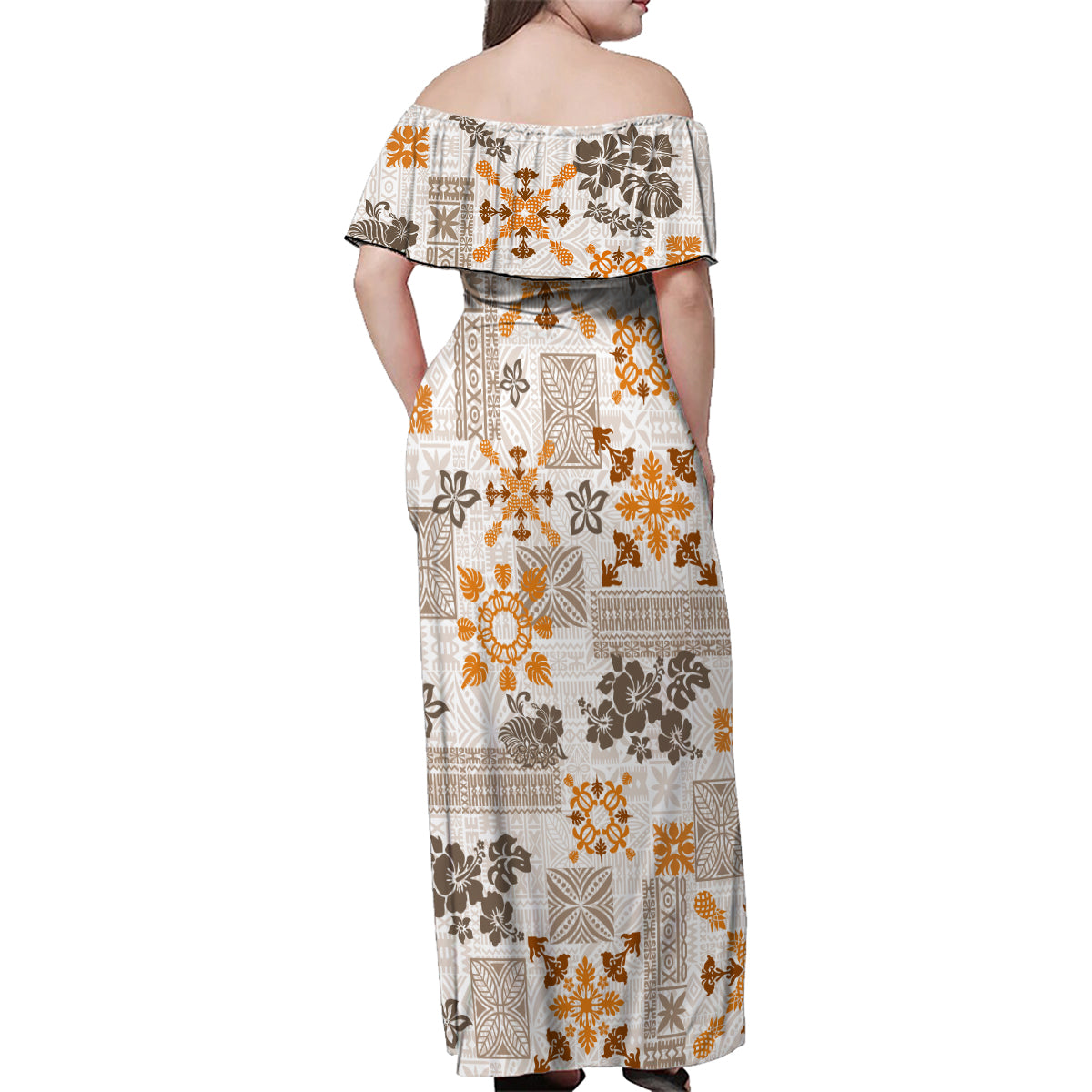 Hawaii Tapa Tribal Family Matching Off Shoulder Maxi Dress and Hawaiian Shirt With Hawaiian Quilt Pattern Gold LT9 - Wonder Print Shop