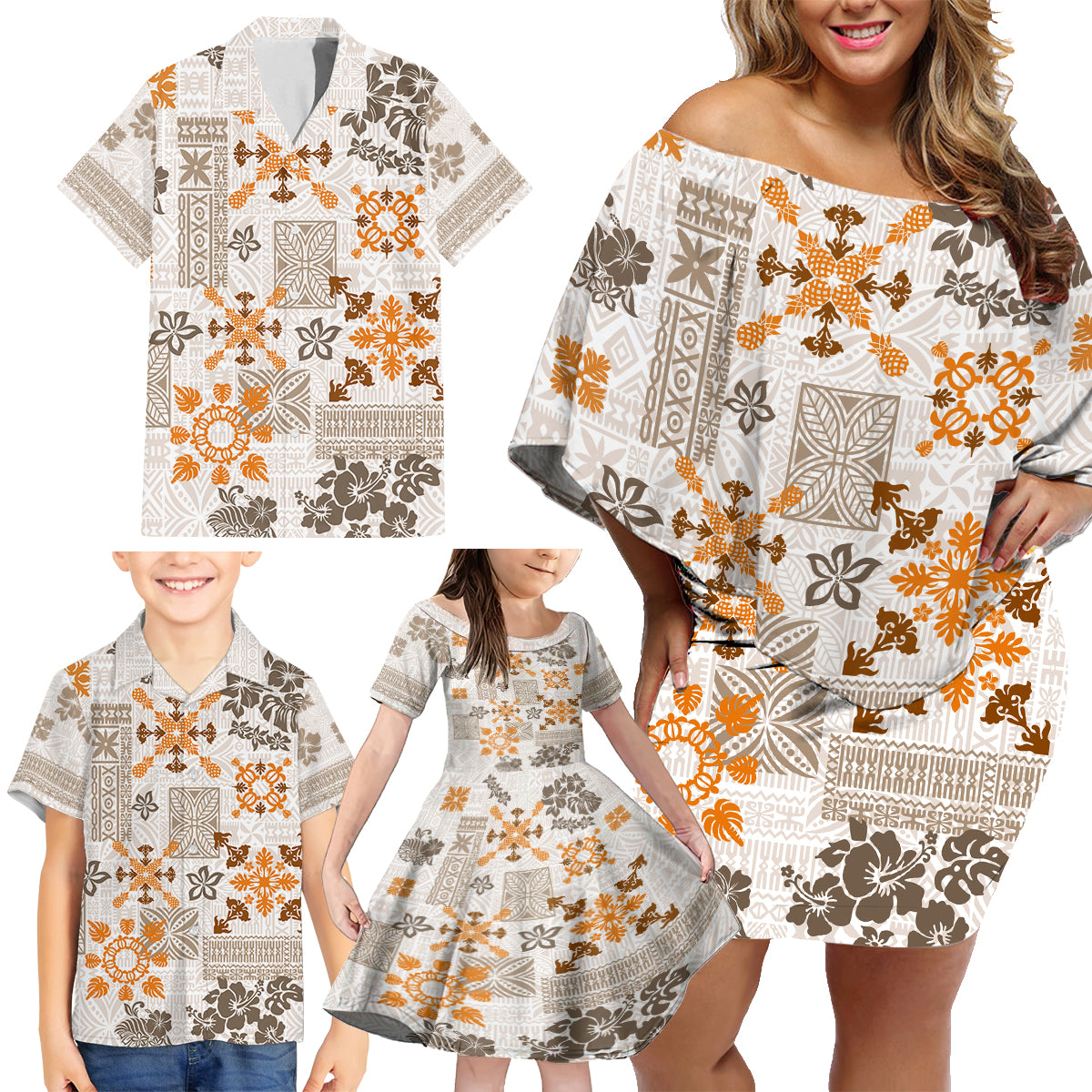 Hawaii Tapa Tribal Family Matching Off Shoulder Short Dress and Hawaiian Shirt With Hawaiian Quilt Pattern Gold LT9 - Wonder Print Shop