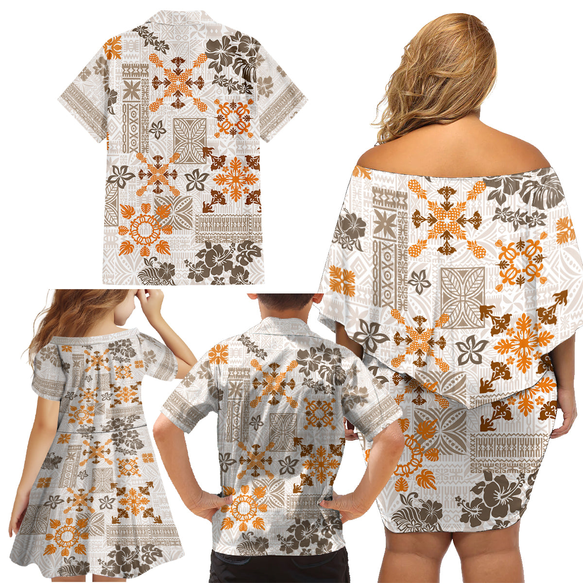 Hawaii Tapa Tribal Family Matching Off Shoulder Short Dress and Hawaiian Shirt With Hawaiian Quilt Pattern Gold LT9 - Wonder Print Shop