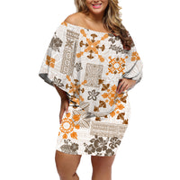 Hawaii Tapa Tribal Family Matching Off Shoulder Short Dress and Hawaiian Shirt With Hawaiian Quilt Pattern Gold LT9 - Wonder Print Shop