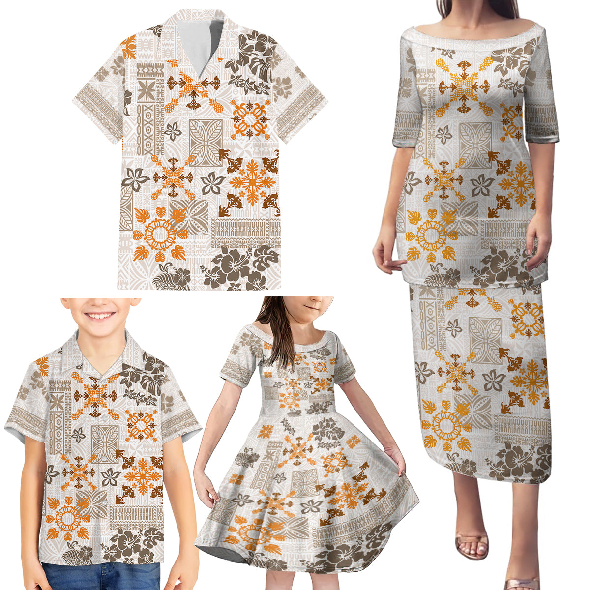 Hawaii Tapa Tribal Family Matching Puletasi Dress and Hawaiian Shirt With Hawaiian Quilt Pattern Gold - Wonder Print Shop