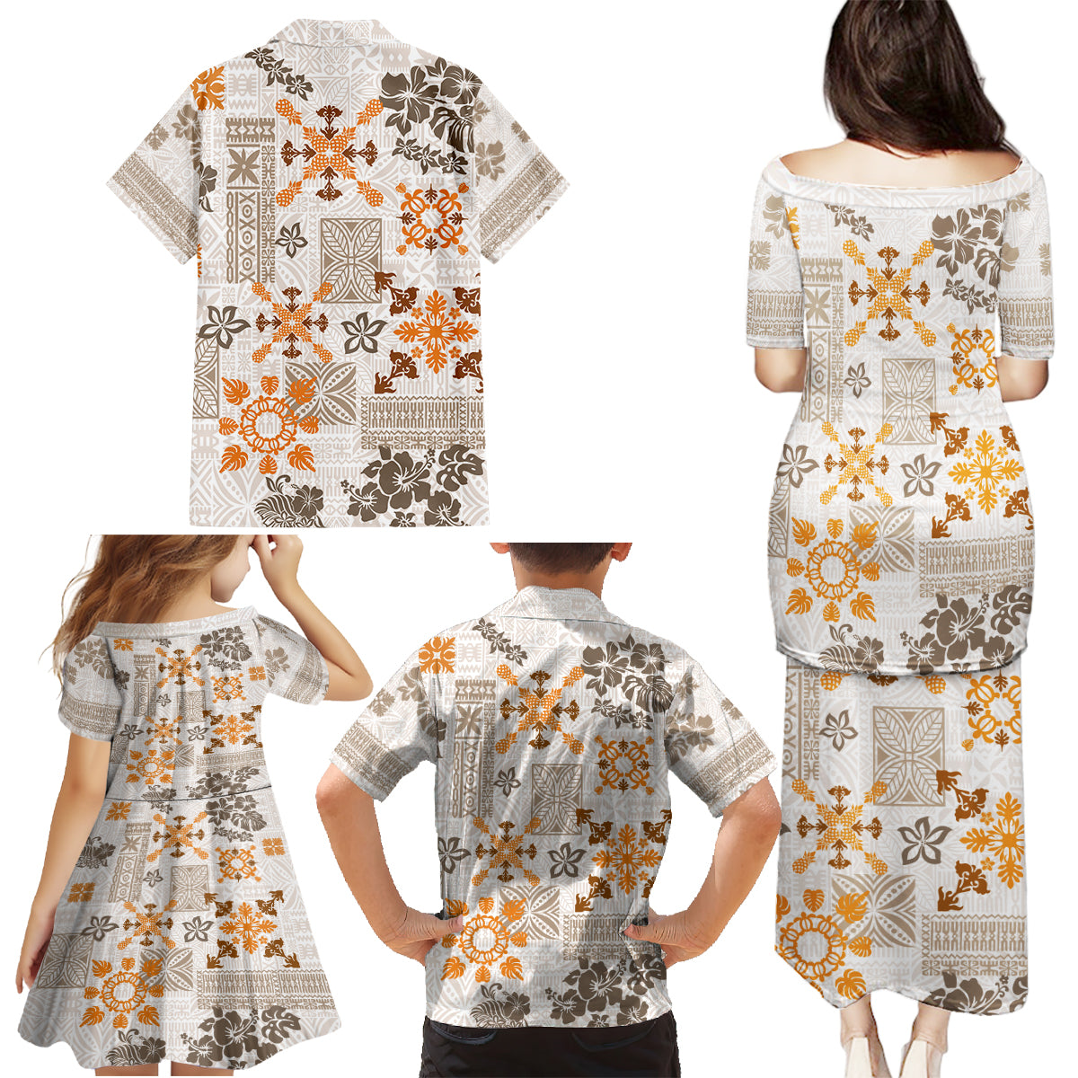 Hawaii Tapa Tribal Family Matching Puletasi Dress and Hawaiian Shirt With Hawaiian Quilt Pattern Gold - Wonder Print Shop