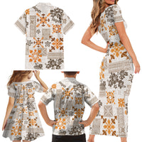 Hawaii Tapa Tribal Family Matching Short Sleeve Bodycon Dress and Hawaiian Shirt With Hawaiian Quilt Pattern Gold - Wonder Print Shop