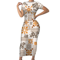 Hawaii Tapa Tribal Family Matching Short Sleeve Bodycon Dress and Hawaiian Shirt With Hawaiian Quilt Pattern Gold - Wonder Print Shop