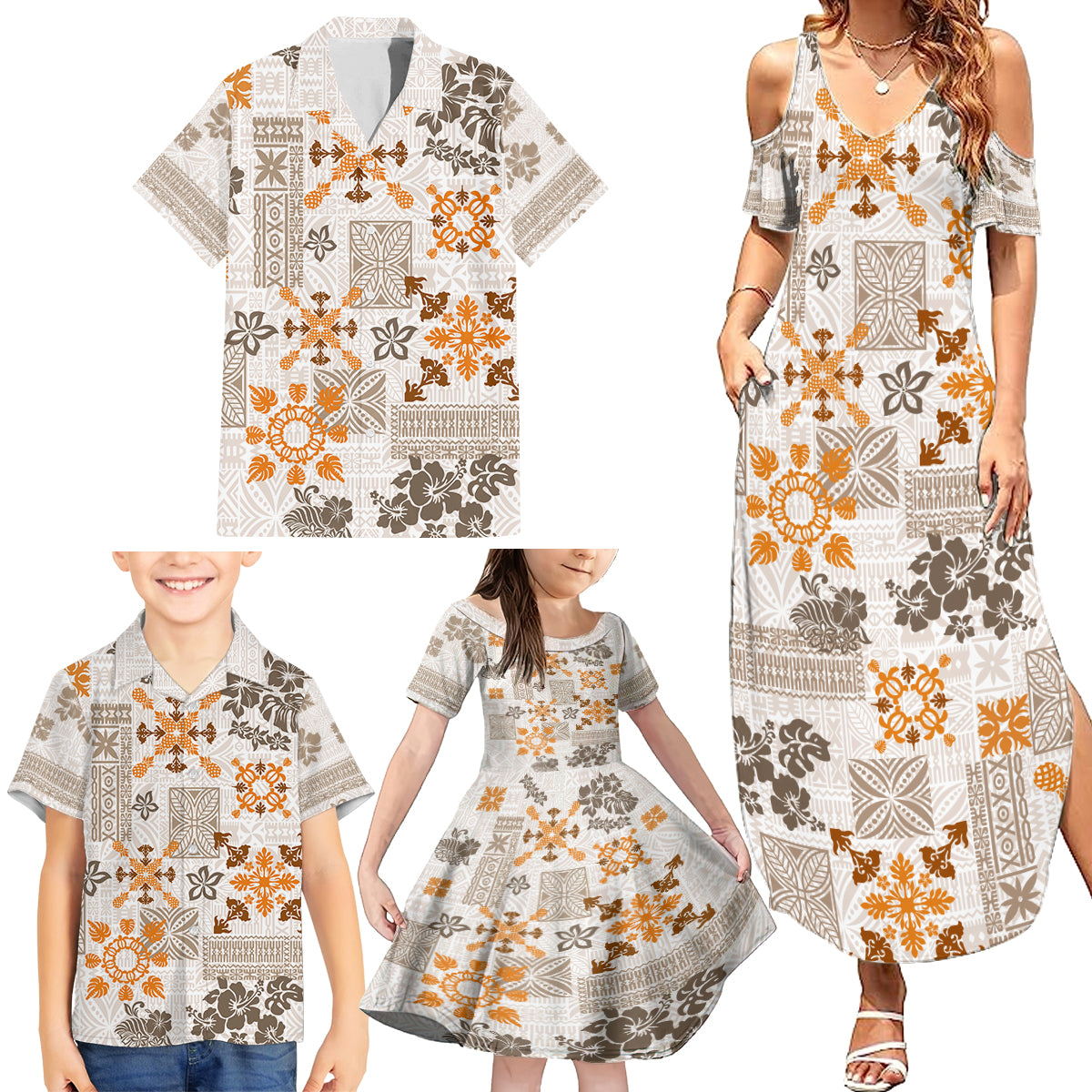 Hawaii Tapa Tribal Family Matching Summer Maxi Dress and Hawaiian Shirt With Hawaiian Quilt Pattern Gold - Wonder Print Shop