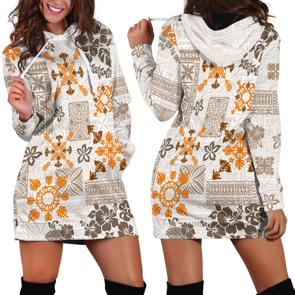 Hawaii Tapa Tribal Hoodie Dress With Hawaiian Quilt Pattern Gold - Wonder Print Shop