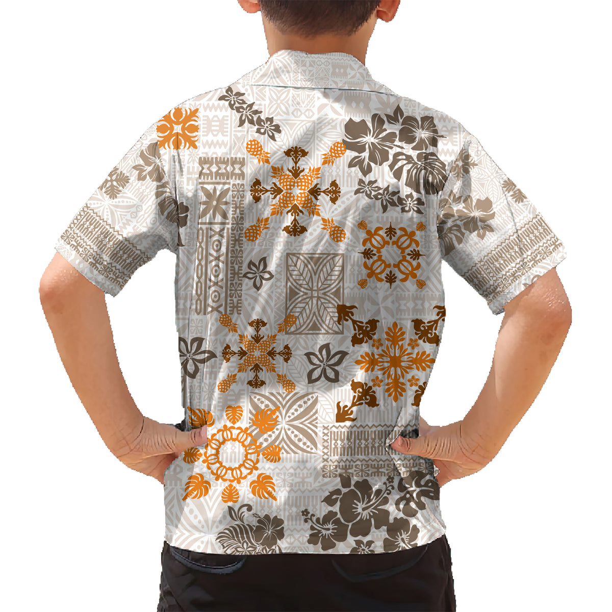 Hawaii Tapa Tribal Kid Hawaiian Shirt With Hawaiian Quilt Pattern Gold - Wonder Print Shop