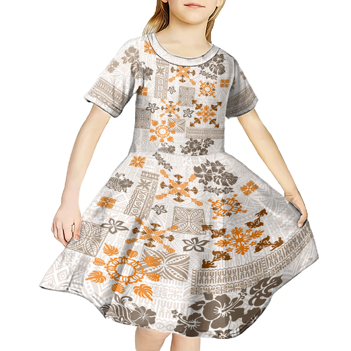 Hawaii Tapa Tribal Kid Short Sleeve Dress With Hawaiian Quilt Pattern Gold - Wonder Print Shop