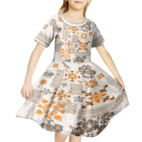 Hawaii Tapa Tribal Kid Short Sleeve Dress With Hawaiian Quilt Pattern Gold - Wonder Print Shop