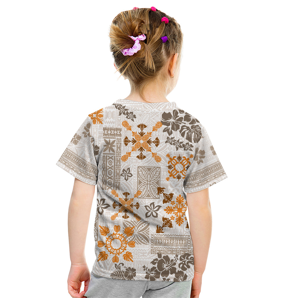 Hawaii Tapa Tribal Kid T Shirt With Hawaiian Quilt Pattern Gold - Wonder Print Shop