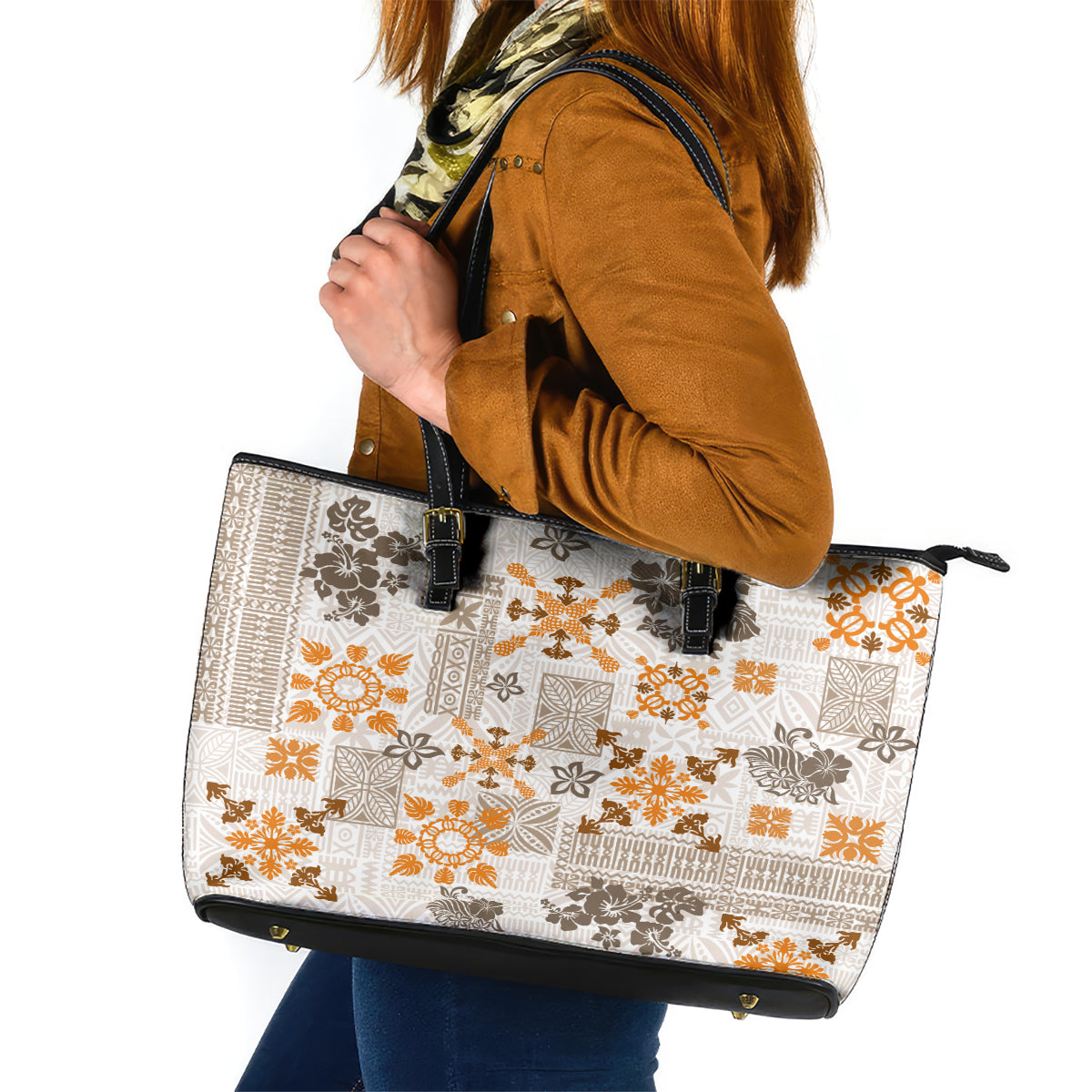 Hawaii Tapa Tribal Leather Tote Bag With Hawaiian Quilt Pattern Gold - Wonder Print Shop