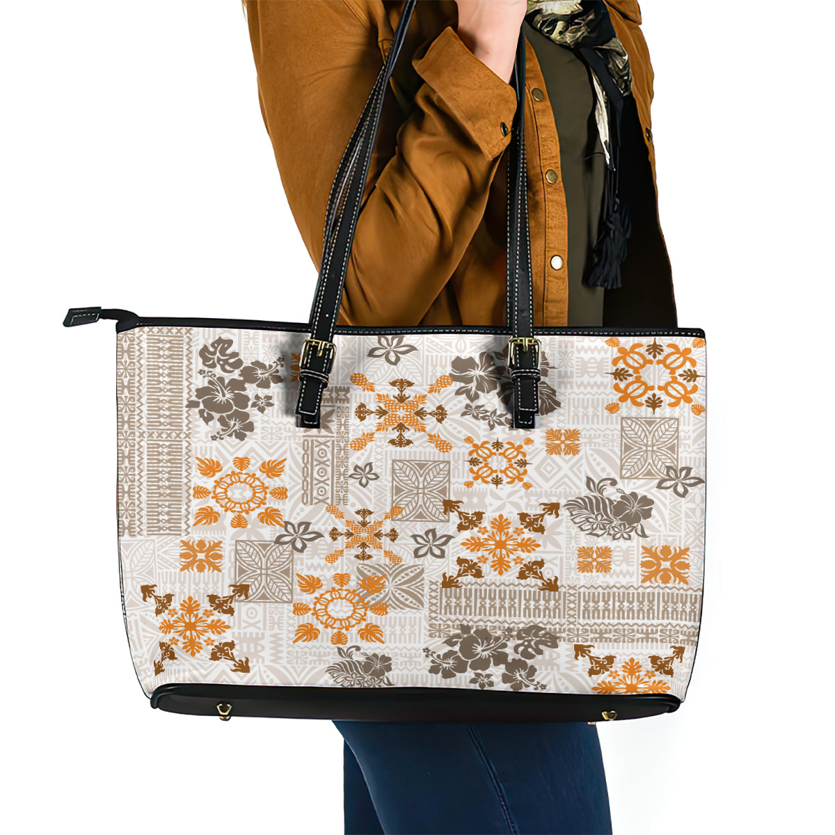 Hawaii Tapa Tribal Leather Tote Bag With Hawaiian Quilt Pattern Gold - Wonder Print Shop