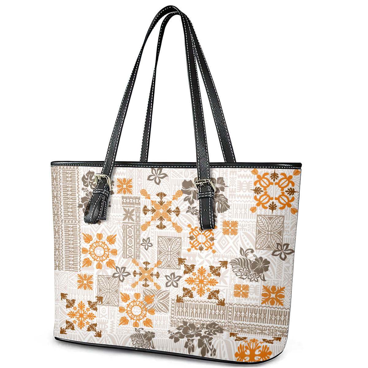Hawaii Tapa Tribal Leather Tote Bag With Hawaiian Quilt Pattern Gold - Wonder Print Shop
