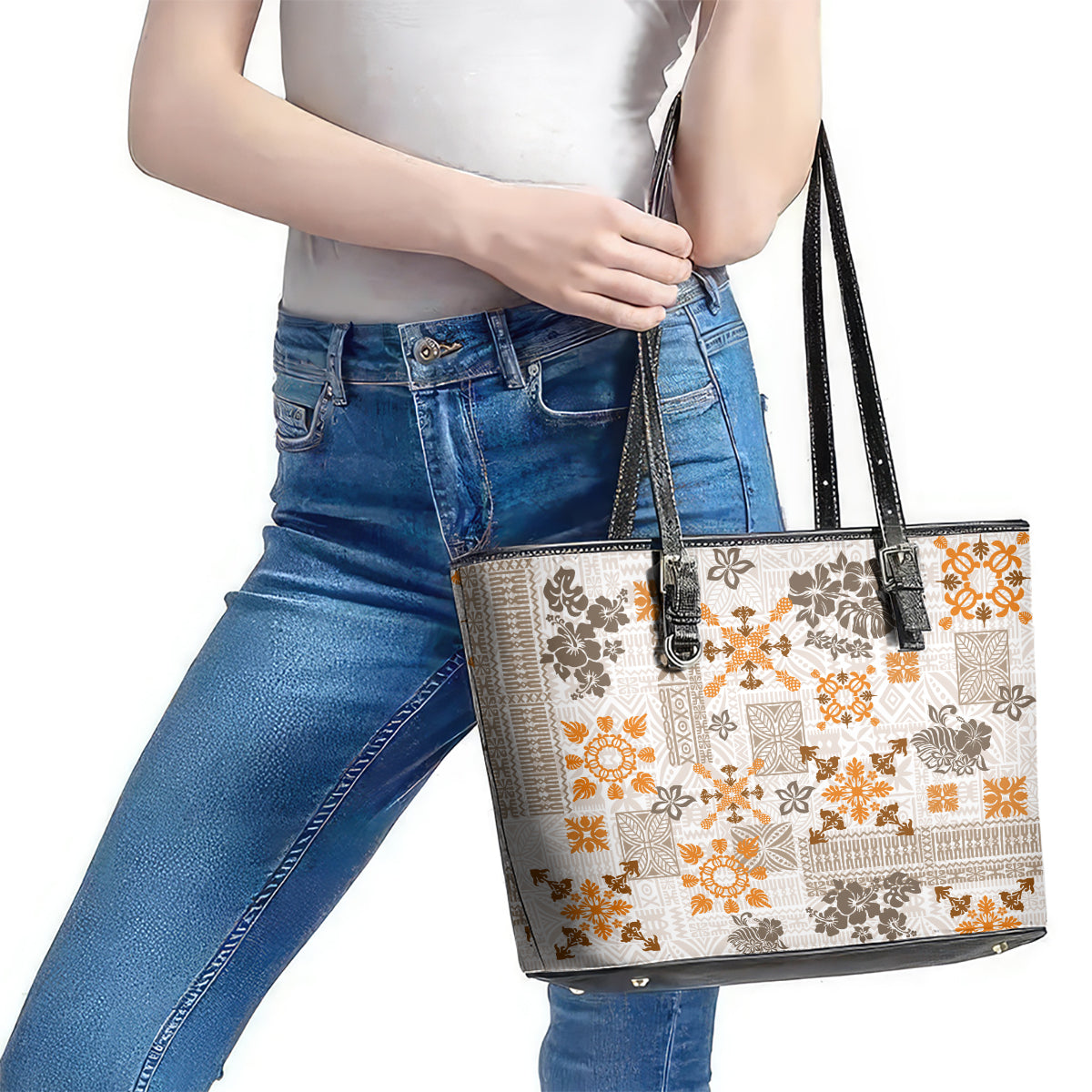 Hawaii Tapa Tribal Leather Tote Bag With Hawaiian Quilt Pattern Gold - Wonder Print Shop