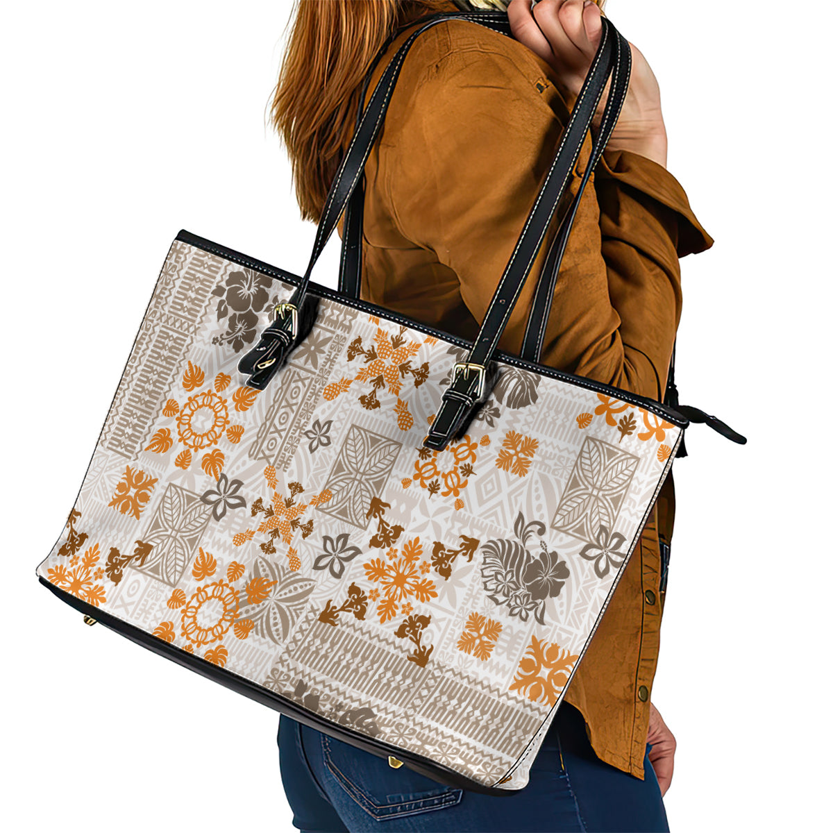 Hawaii Tapa Tribal Leather Tote Bag With Hawaiian Quilt Pattern Gold - Wonder Print Shop