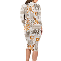 Hawaii Tapa Tribal Long Sleeve Bodycon Dress With Hawaiian Quilt Pattern Gold - Wonder Print Shop