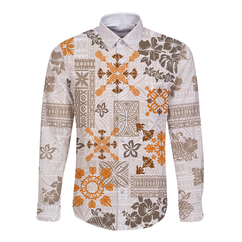 Hawaii Tapa Tribal Long Sleeve Button Shirt With Hawaiian Quilt Pattern Gold - Wonder Print Shop