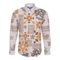Hawaii Tapa Tribal Long Sleeve Button Shirt With Hawaiian Quilt Pattern Gold - Wonder Print Shop