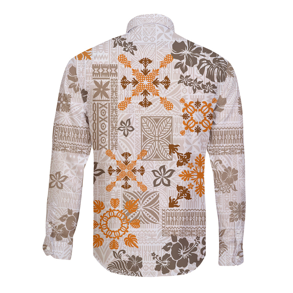 Hawaii Tapa Tribal Long Sleeve Button Shirt With Hawaiian Quilt Pattern Gold - Wonder Print Shop