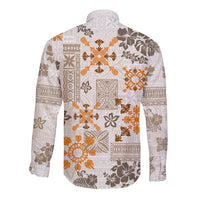 Hawaii Tapa Tribal Long Sleeve Button Shirt With Hawaiian Quilt Pattern Gold - Wonder Print Shop