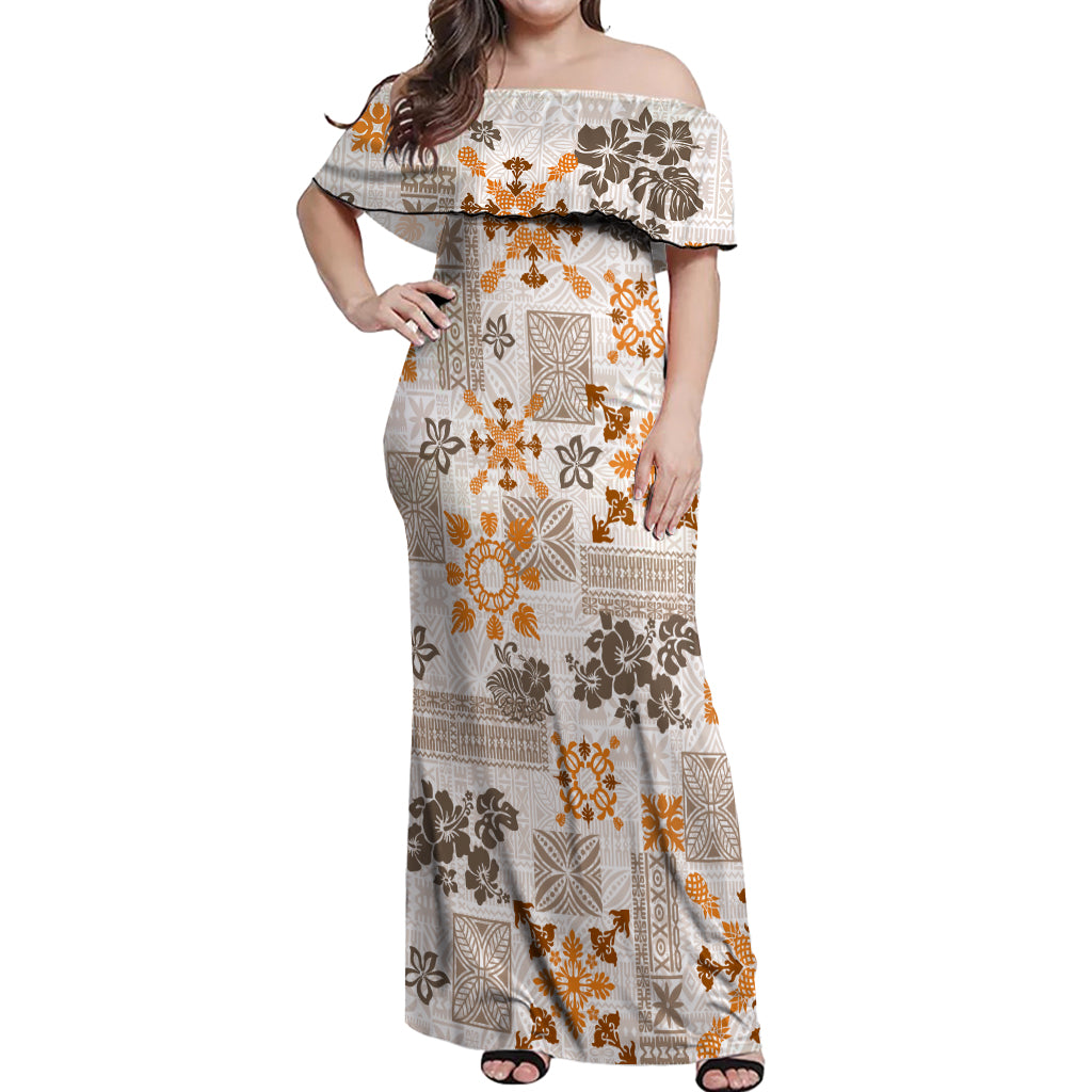 Hawaii Tapa Tribal Off Shoulder Maxi Dress With Hawaiian Quilt Pattern Gold - Wonder Print Shop