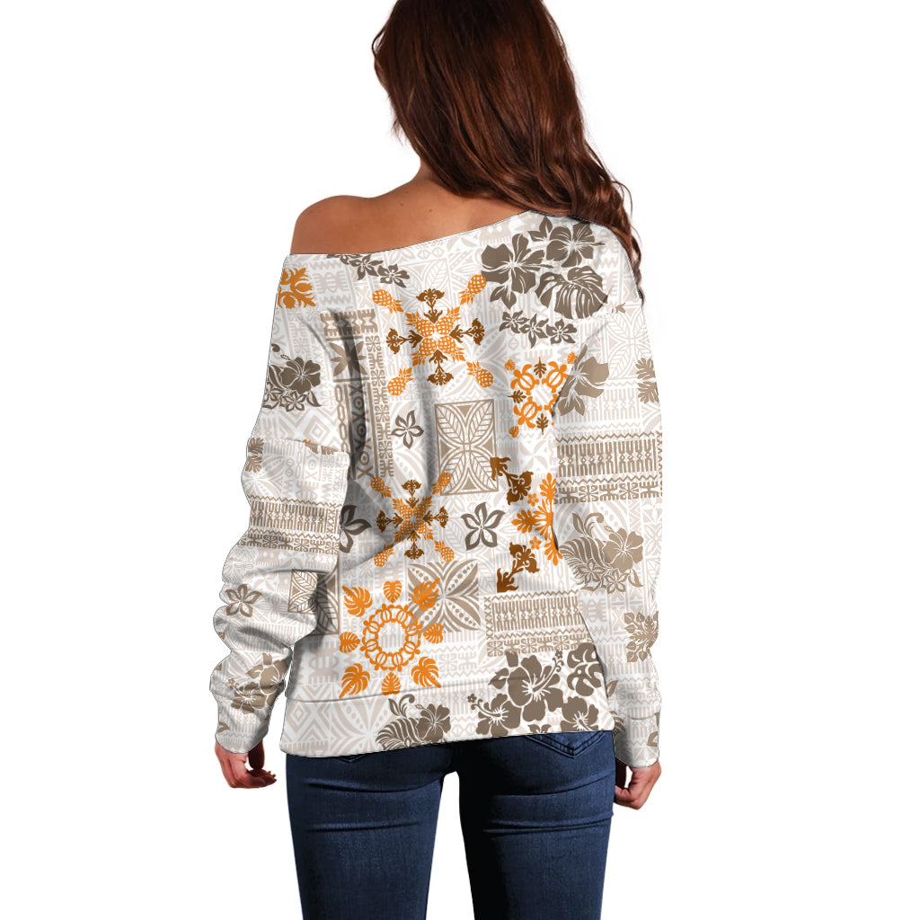 Hawaii Tapa Tribal Off Shoulder Sweater With Hawaiian Quilt Pattern Gold - Wonder Print Shop
