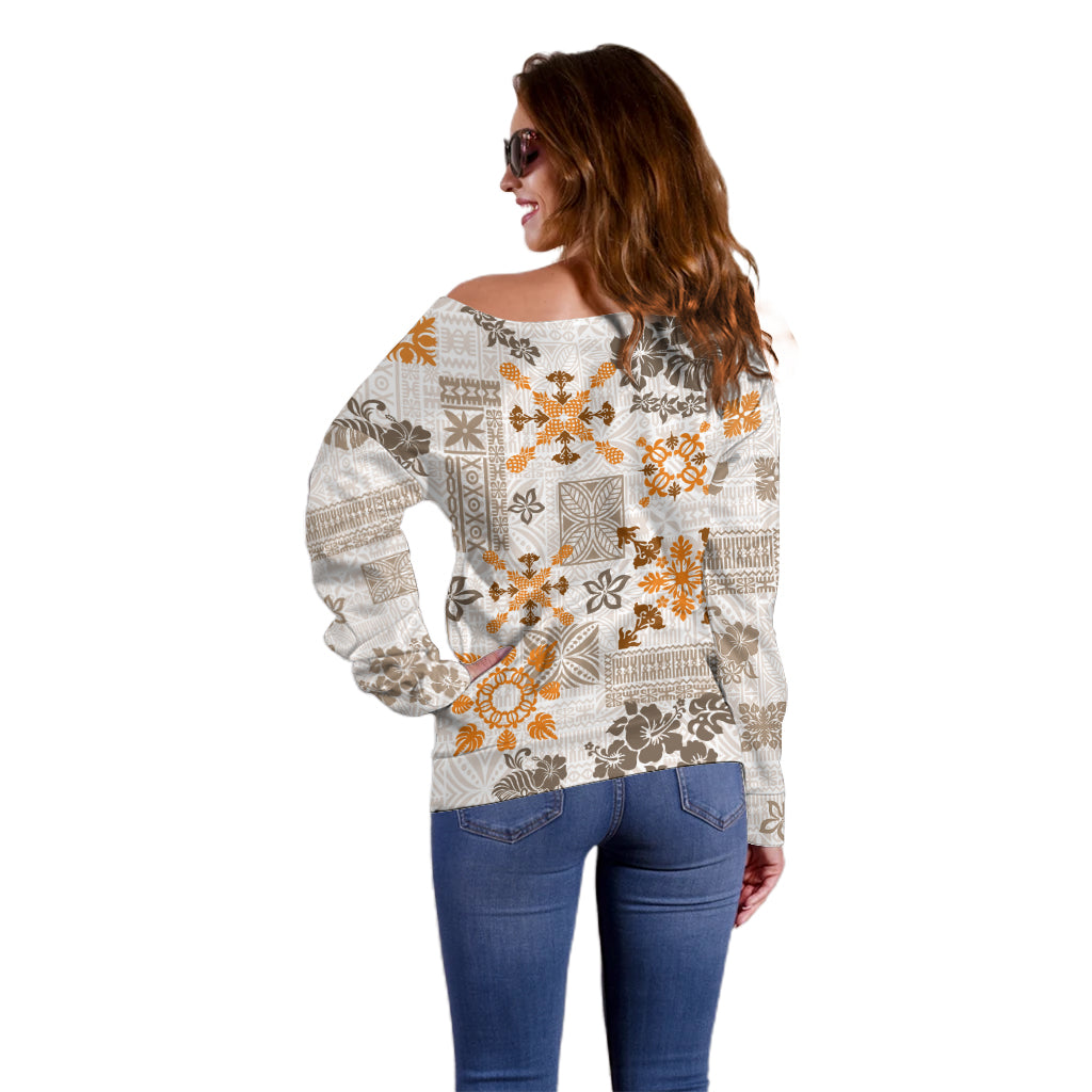 Hawaii Tapa Tribal Off Shoulder Sweater With Hawaiian Quilt Pattern Gold - Wonder Print Shop