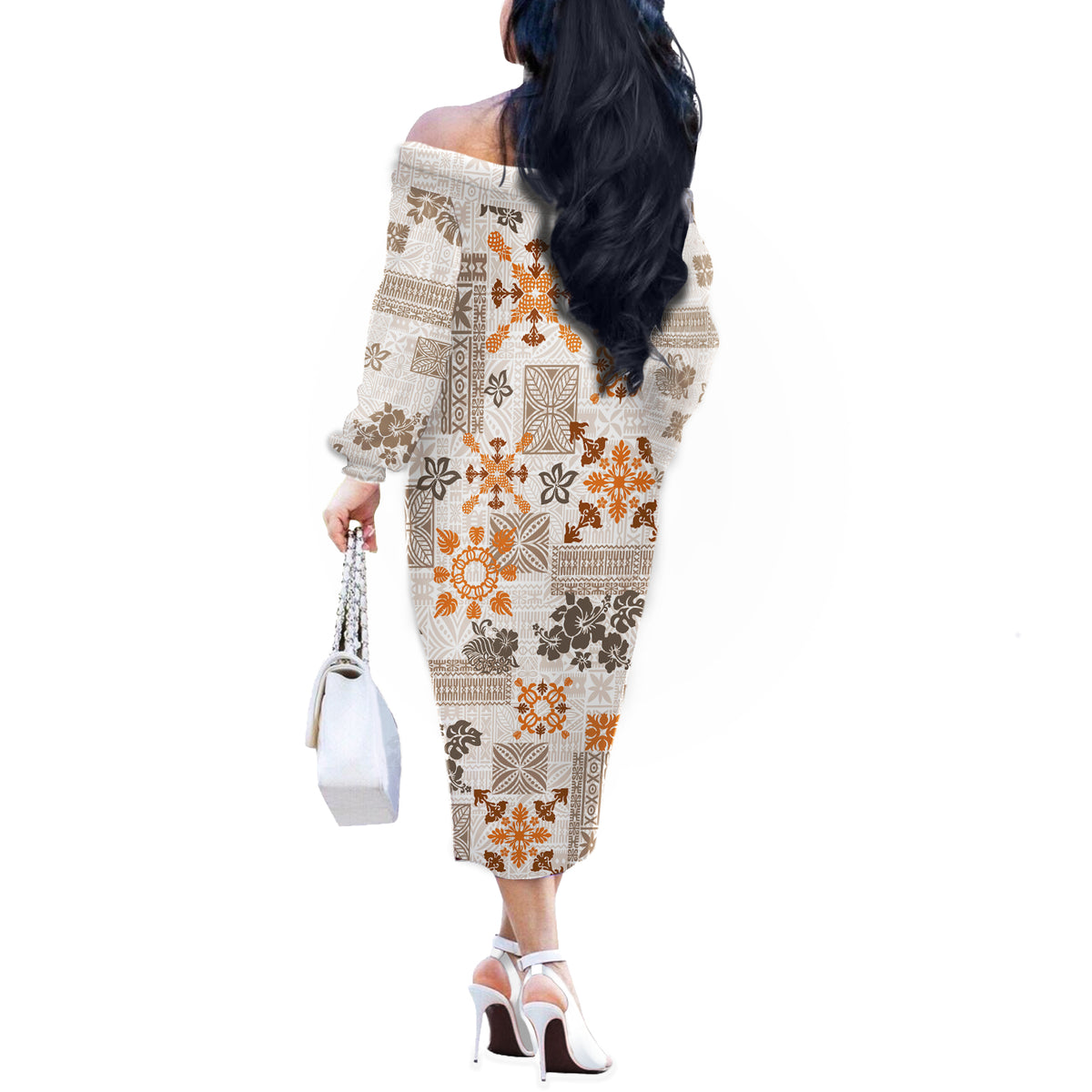 Hawaii Tapa Tribal Off The Shoulder Long Sleeve Dress With Hawaiian Quilt Pattern Gold - Wonder Print Shop