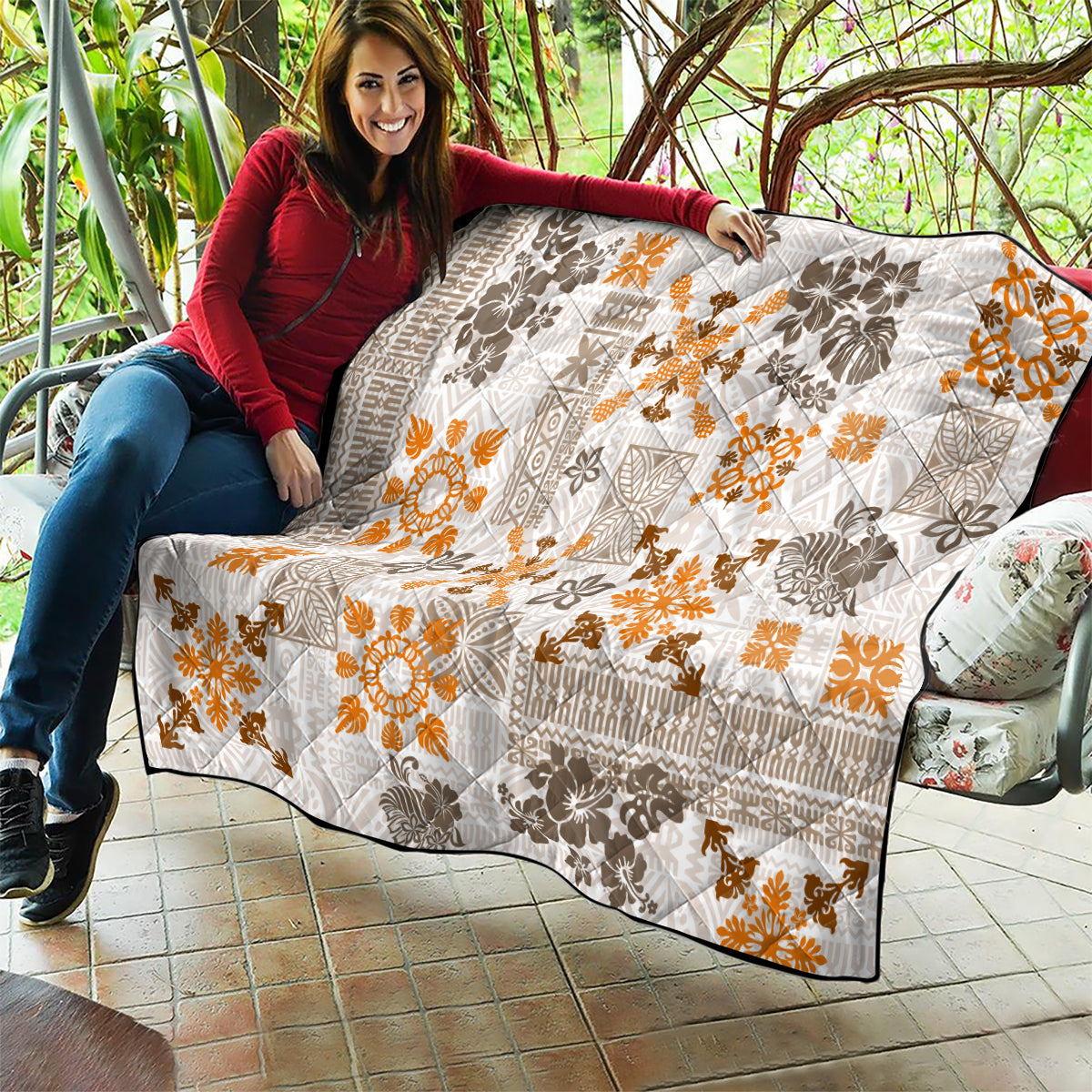 Hawaii Tapa Tribal Quilt With Hawaiian Quilt Pattern Gold - Wonder Print Shop