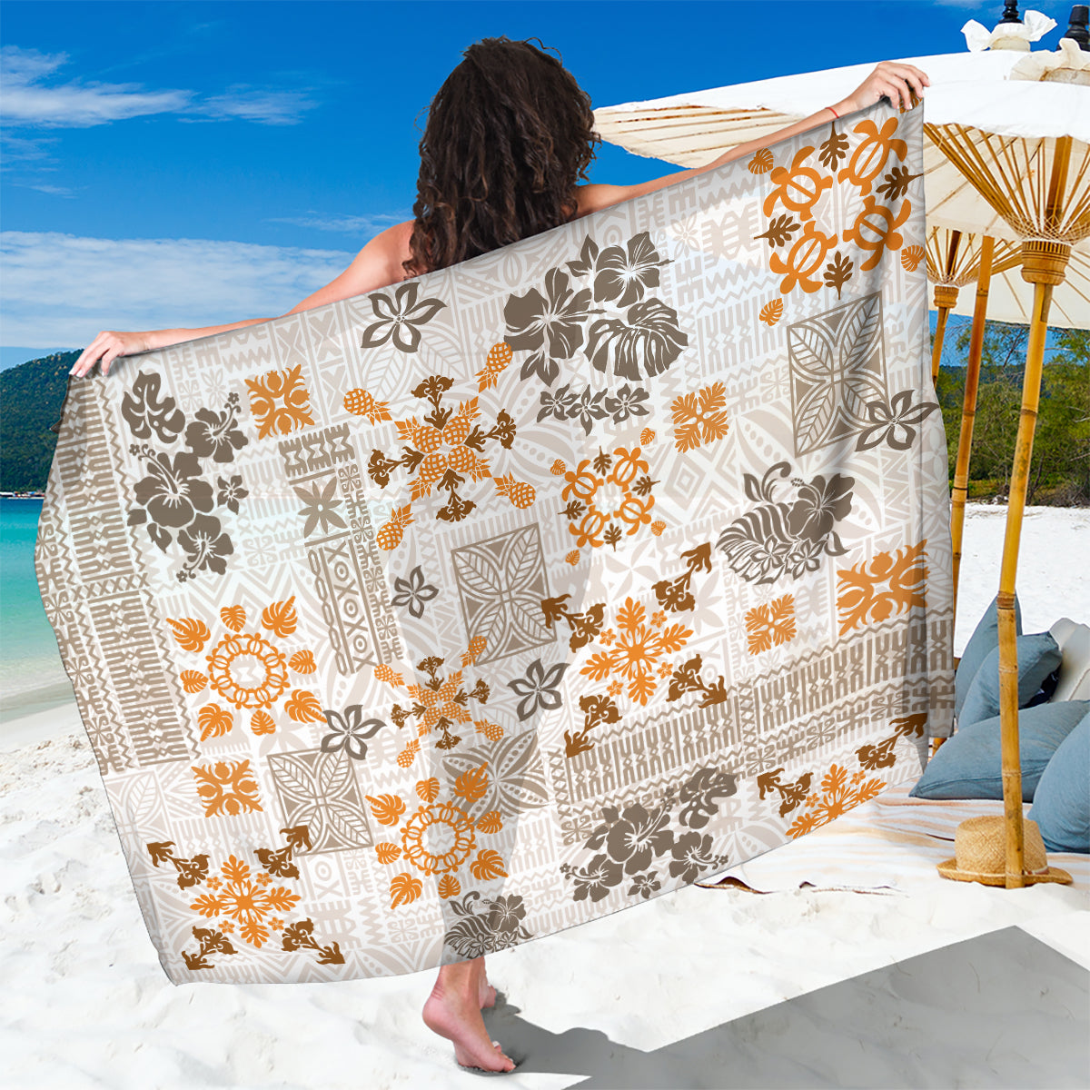 Hawaii Tapa Tribal Sarong With Hawaiian Quilt Pattern Gold - Wonder Print Shop