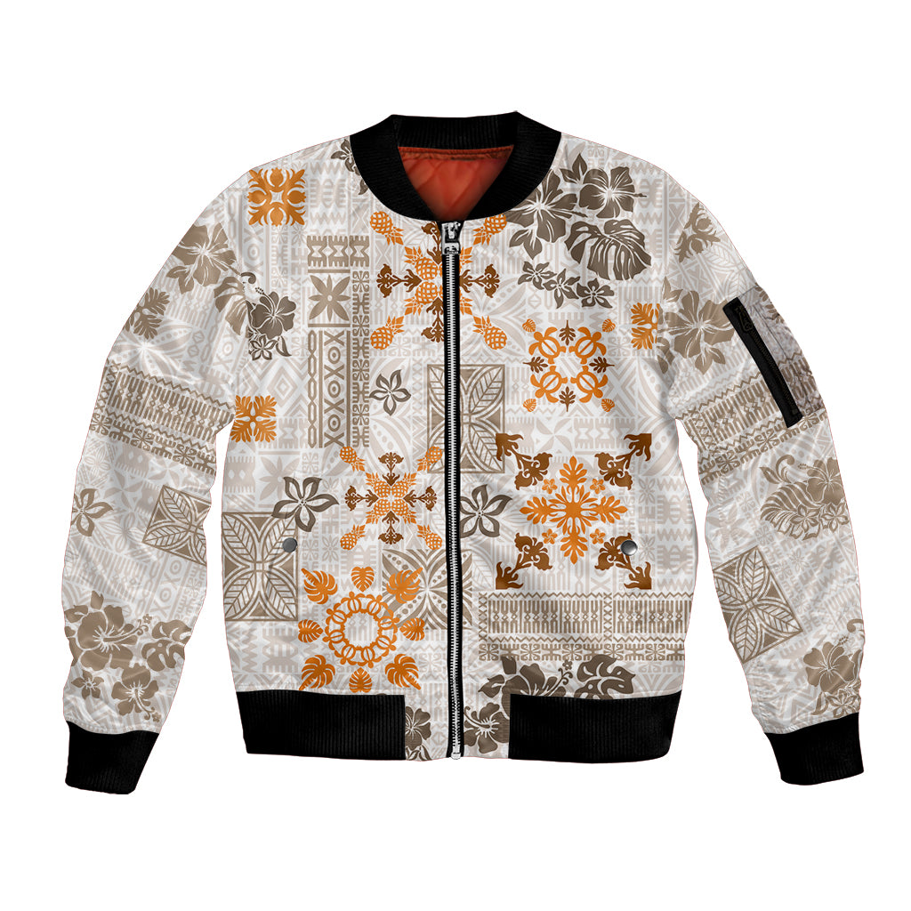 Hawaii Tapa Tribal Sleeve Zip Bomber Jacket With Hawaiian Quilt Pattern Gold - Wonder Print Shop