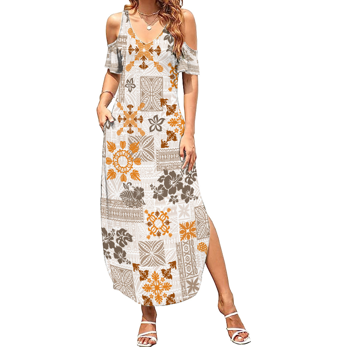 Hawaii Tapa Tribal Summer Maxi Dress With Hawaiian Quilt Pattern Gold - Wonder Print Shop