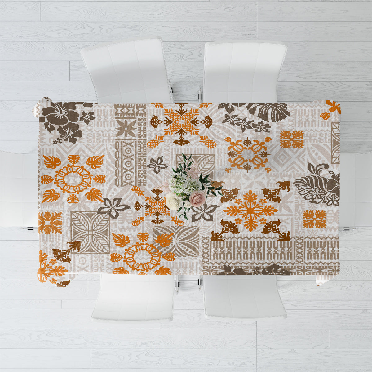 Hawaii Tapa Tribal Tablecloth With Hawaiian Quilt Pattern Gold - Wonder Print Shop