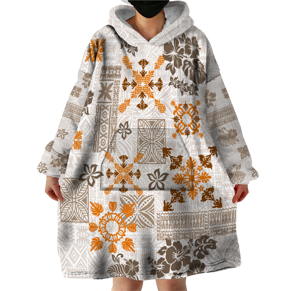 Hawaii Tapa Tribal Wearable Blanket Hoodie With Hawaiian Quilt Pattern Gold - Wonder Print Shop