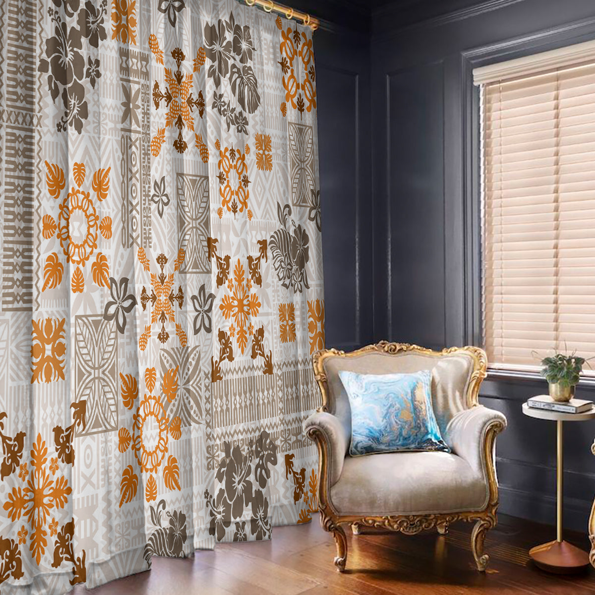 Hawaii Tapa Tribal Window Curtain With Hawaiian Quilt Pattern Gold - Wonder Print Shop