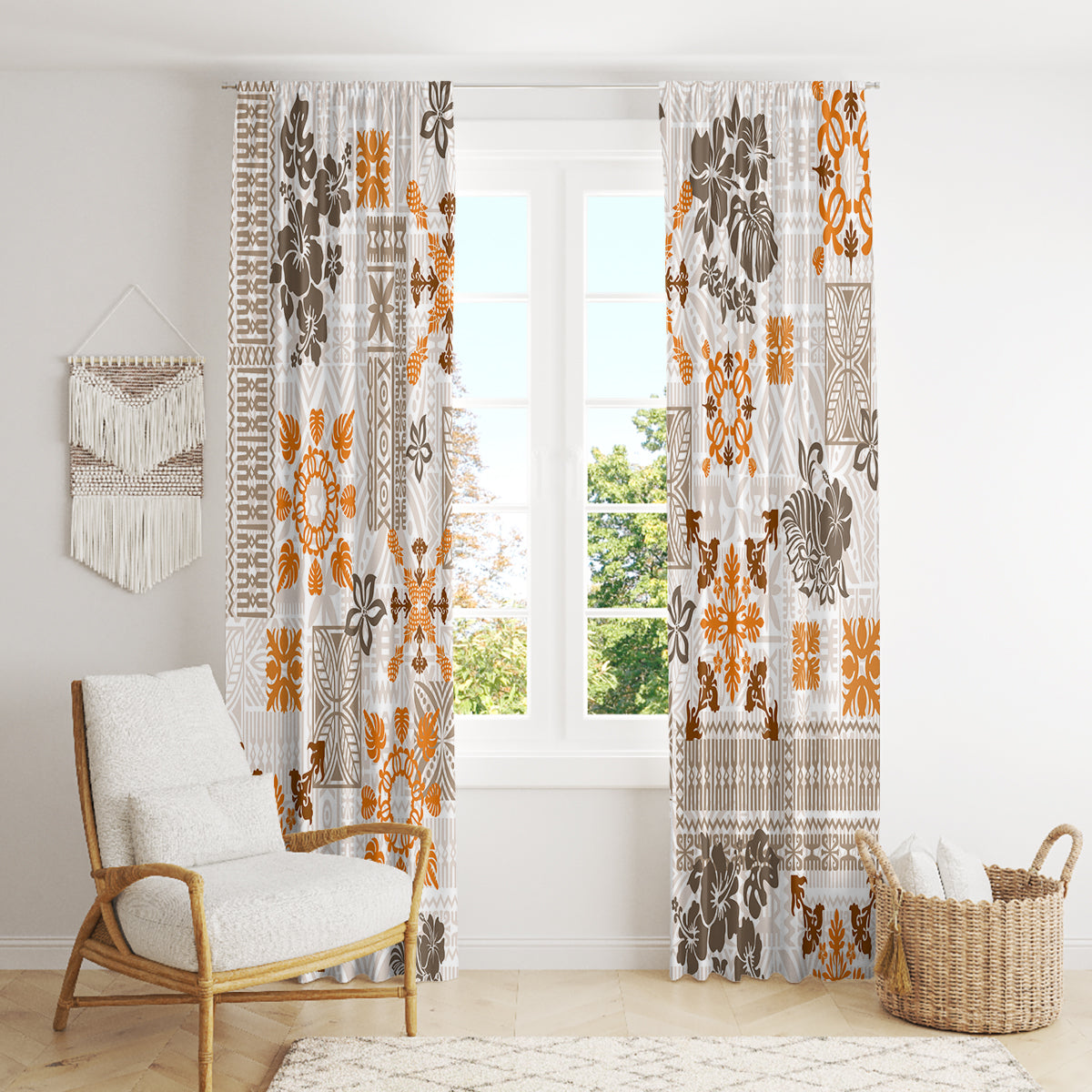 Hawaii Tapa Tribal Window Curtain With Hawaiian Quilt Pattern Gold - Wonder Print Shop